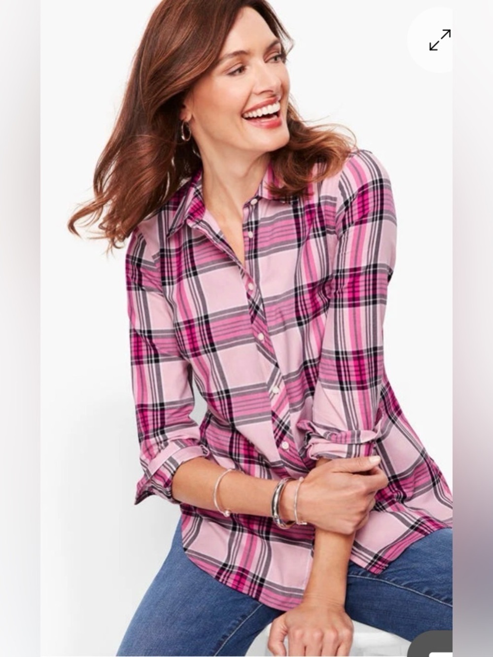 Talbots Plaid Button Down Shirt | Pink White | Classic Preppy Top | Size L